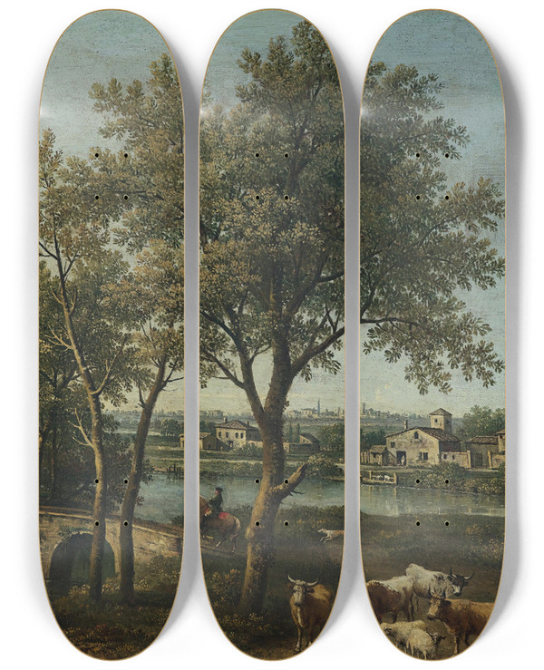 Triptych art skateboard deck of Giovanni Battista Cimaroli Paesaggio Fluviale Con Pastore E Gregge by Giovanni Battista Cimaroli (1687-1771)
