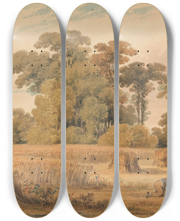 Triptych art skateboard deck of Paul Sandby Munn A Cornfield by Paul Sandby Munn (1773-1845)