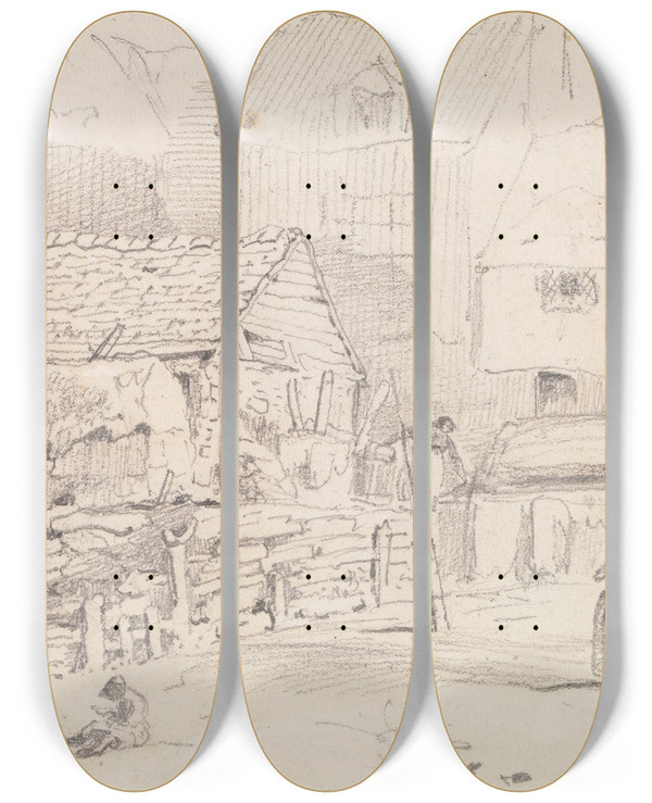 Triptych art skateboard deck of Thomas Hastings On Hastings Beach 3 October 1820 by Thomas Hastings (1778-1854)