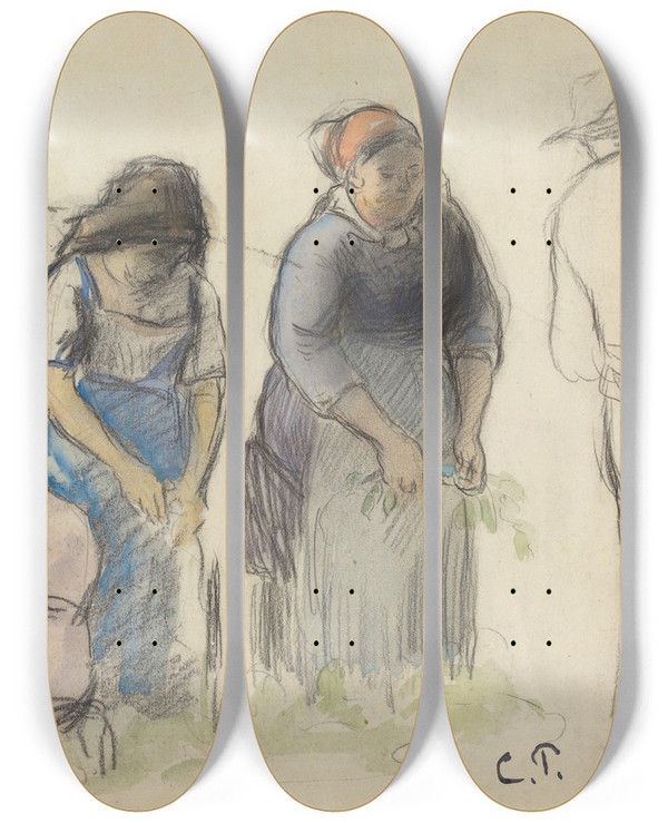 Triptych art skateboard deck of Camille Pissarro Pea Harvesters Recto by Camille Pissarro (1830-1903)
