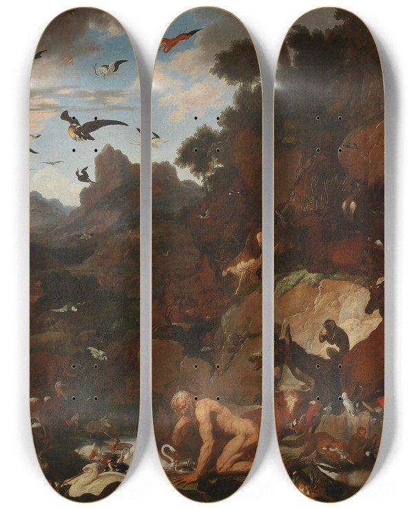 Triptych art skateboard deck of Carl Borromus Andreas Ruthart Nebuchadnezzars Madness by Carl Borromaus Andreas Ruthart (1630-1703)