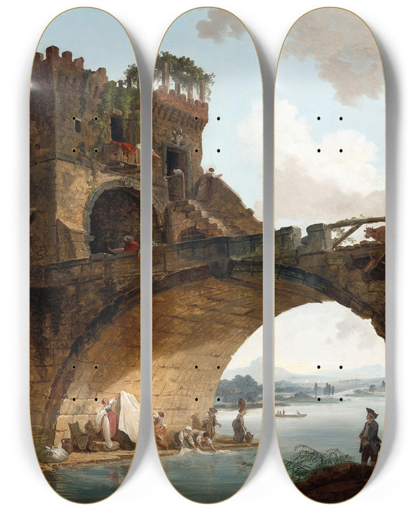 Triptych art skateboard deck of Hubert Robert The Ponte Salario by Hubert Robert (1733-1808)