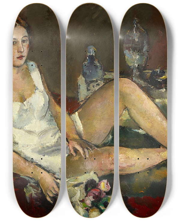Triptych art skateboard deck of Anton Faistauer Junge Frau Auf Rotem Sofa by Anton Faistauer (1887-1930)