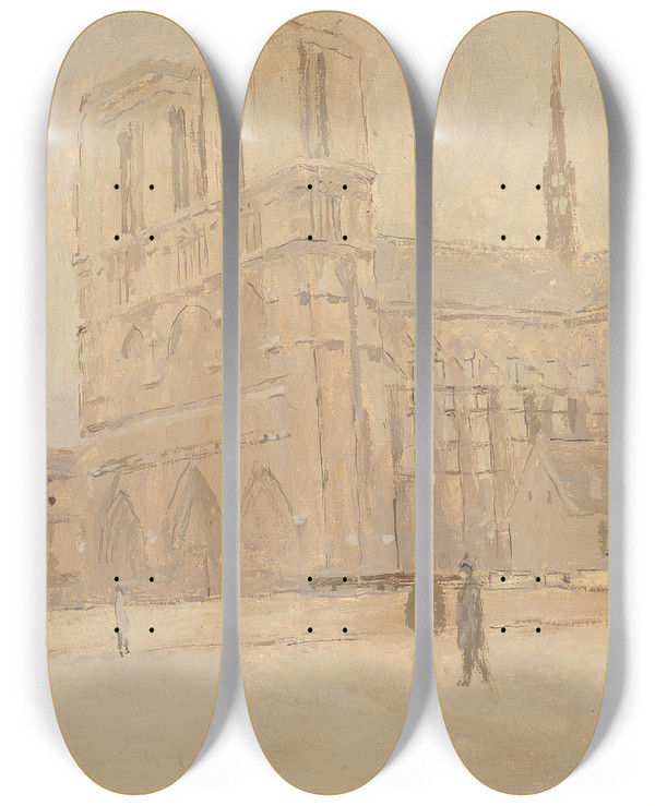 Triptych art skateboard deck of Frank Edwin Scott Notre Dame In Winter by Frank Edwin Scott (1863-1929)