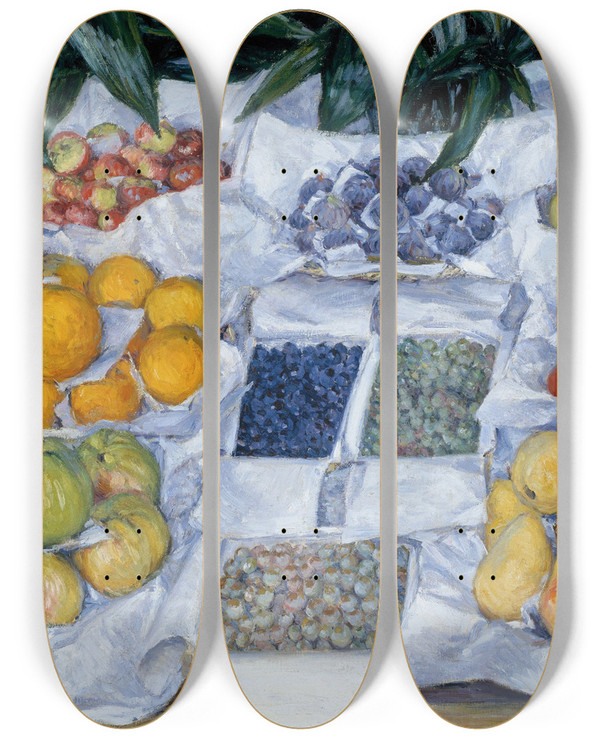 Triptych art skateboard deck of Gustave Caillebotte Fruit Displayed On A Stand by Gustave Caillebotte (1848-1894)