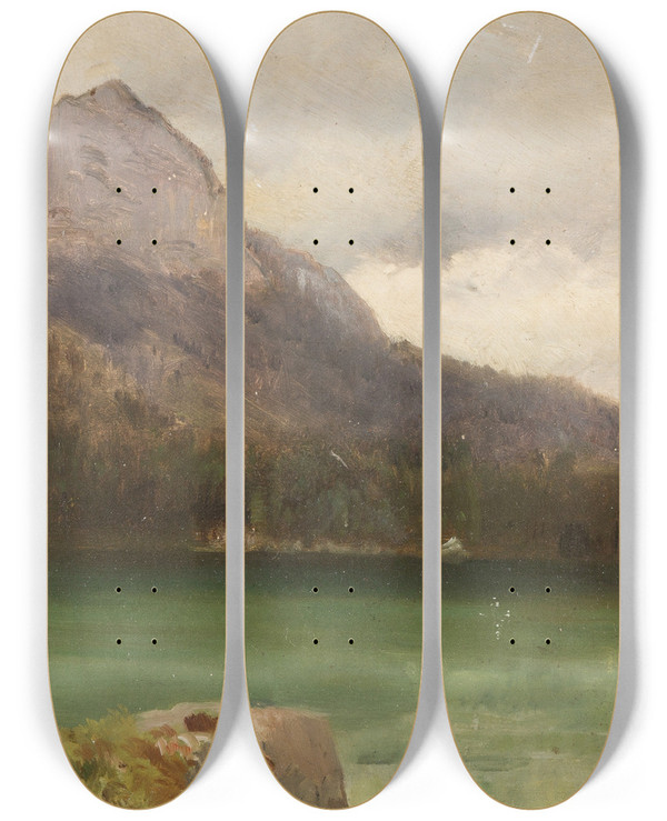 Triptych art skateboard deck of Franz Leo Ruben Mountain Lake by Franz Leo Ruben (1842-1920)