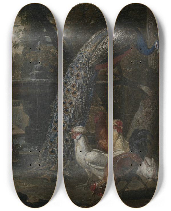 Triptych art skateboard deck of David De Coninck Animals In A Garden by David De Coninck (1644-1701)