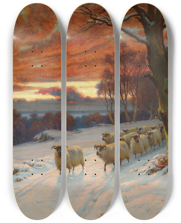 Triptych art skateboard deck of Wright Barker A Winter Evening by Wright Barker (1864-1941)