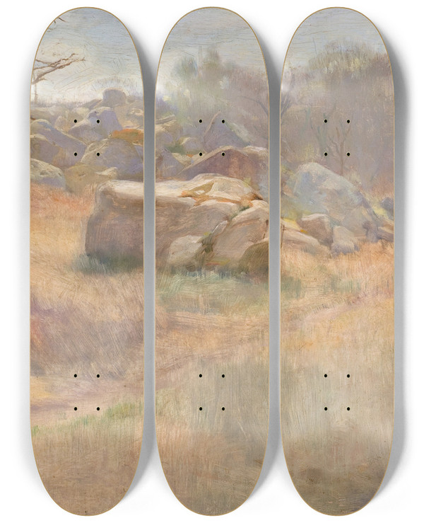 Triptych art skateboard deck of Harry Mills Walcott Landscape With Rock by Harry Mills Walcott (1870-1944)