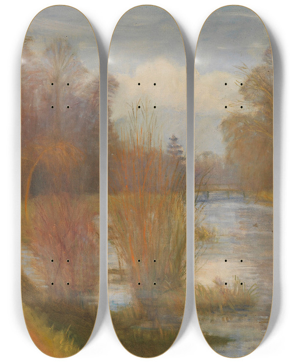 Triptych art skateboard deck of Otto Modersohn Vorfrhling An Der Schleuse by Otto Modersohn (1865-1943)