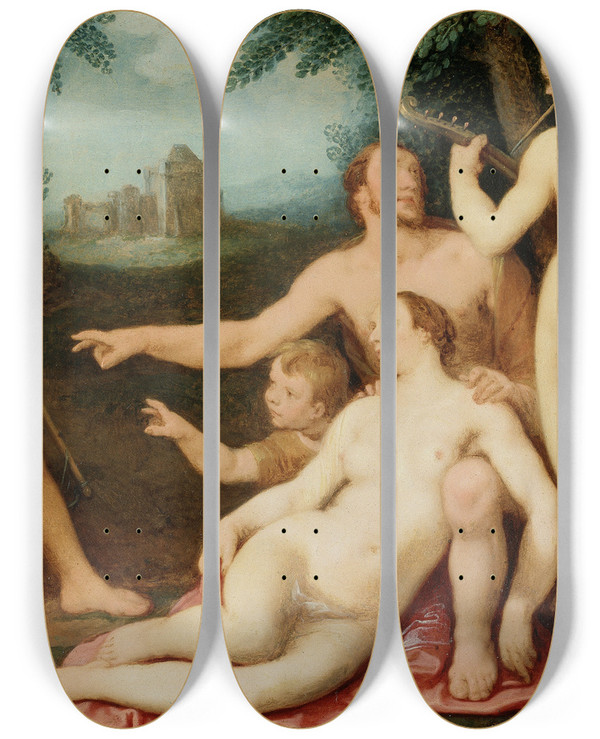 Triptych art skateboard deck of Cornelis Cornelisz Van Haarlem The Mirror Of Time by Cornelis Cornelisz Van Haarlem (1562-1638)