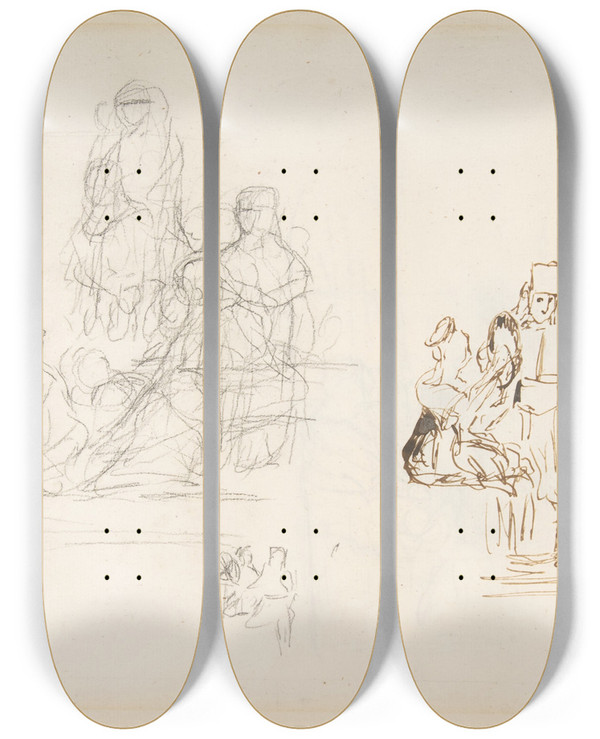Triptych art skateboard deck of Sir David Wilkie Studies Of Two Groups Of Turkish Figures by Sir David Wilkie (1785-1841)