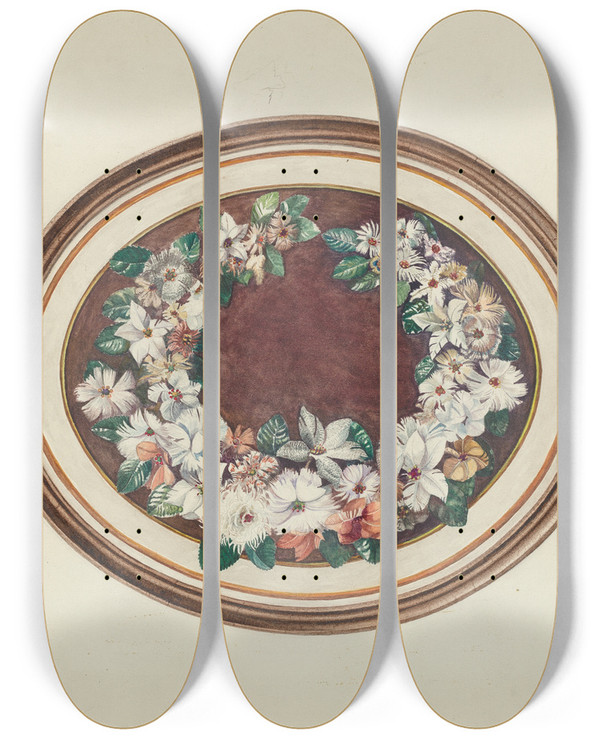 Triptych art skateboard deck of Marius Hansen Feather Wreath by Marius Hansen