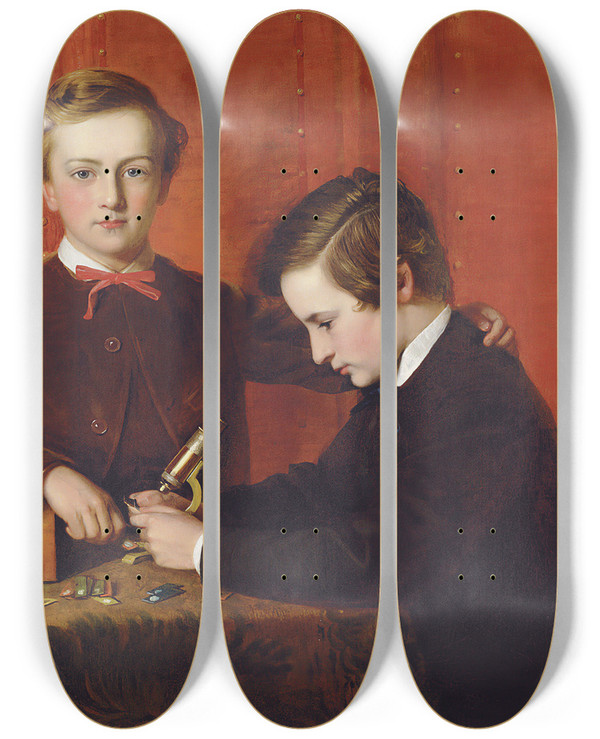 Triptych art skateboard deck of John Edgar Williams The Young Microscopists by John Edgar Williams (1821-1891)