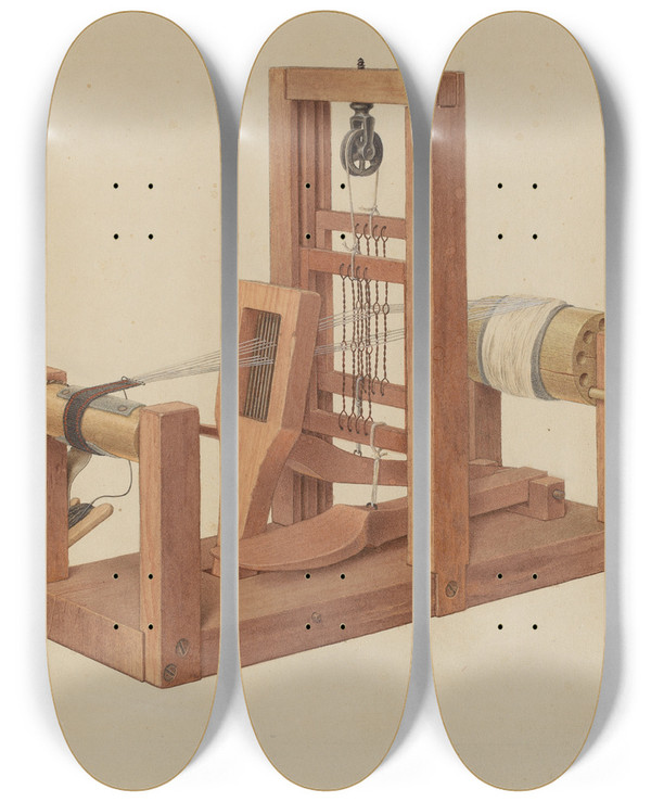 Triptych art skateboard deck of Alfred H Smith Shaker Hand Loom by Alfred H Smith