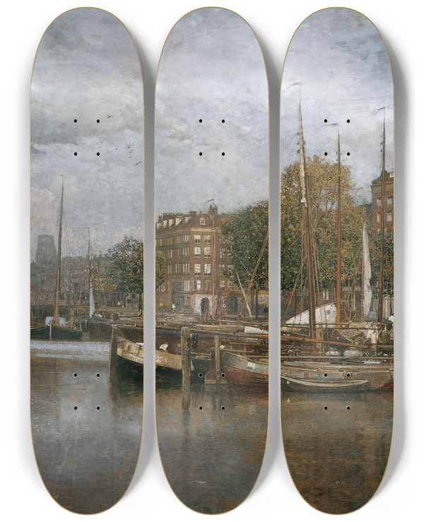 Triptych art skateboard deck of Robert Russ Kanal In Rotterdam by Robert Russ (1847-1922)