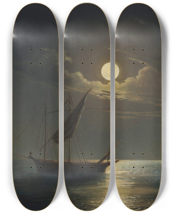 Triptych art skateboard deck of Ivan Konstantinovich Aivazovsky Moonlight_1 by Ivan Konstantinovich Aivazovsky (1817-1900)