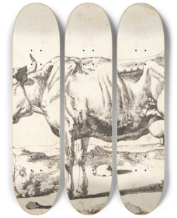 Triptych art skateboard deck of Marcus De Bye Stende Ko by Marcus de Bye (1638-1688)