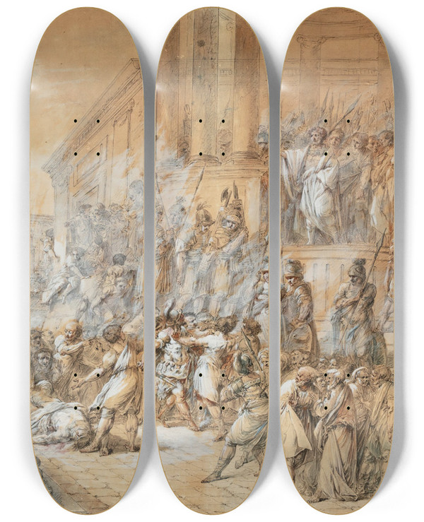 Triptych art skateboard deck of Jacques Gamelin Sylla Having Freed The Centurion by Jacques Gamelin (1738-1803)