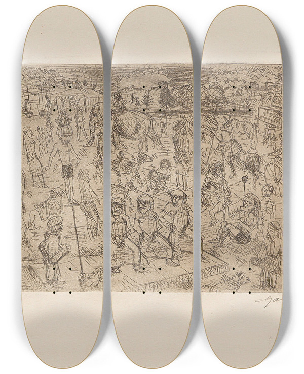 Triptych art skateboard deck of Paul Gangolf Das Hindudorf by Paul Gangolf (1879-1936)
