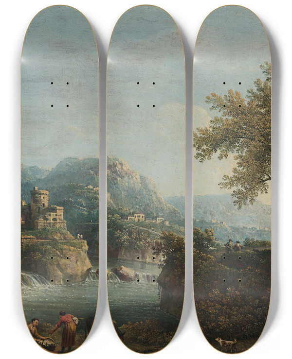 Triptych art skateboard deck of Giovanni Battista Cimaroli Paesaggio Fluviale Con Figure E Un Asino by Giovanni Battista Cimaroli (1687-1771)
