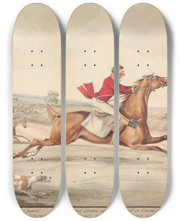 Triptych art skateboard deck of Henry Thomas Alken Qualified Horses And Unqualified Riders Going Along A Slapping Pace by Henry Thomas Alken (1785-1851)