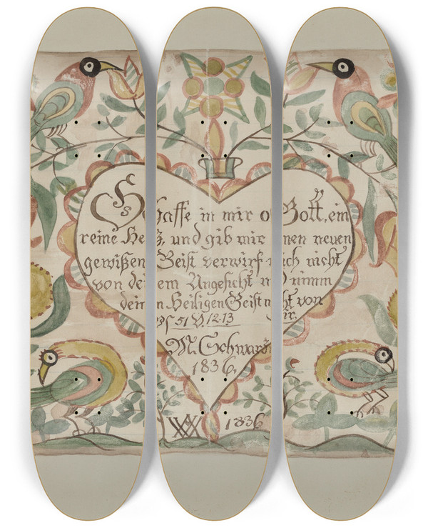 Triptych art skateboard deck of Elmer R Kottcamp Illuminated Psalm by Elmer R Kottcamp