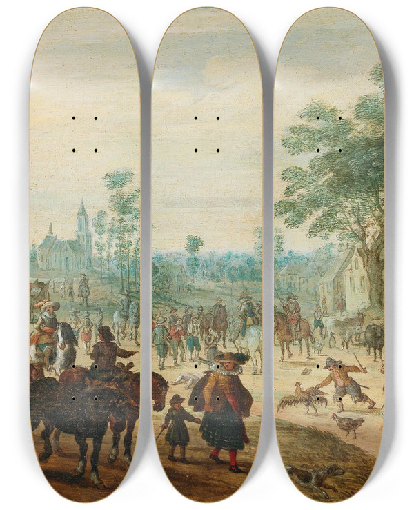Triptych art skateboard deck of Sebastian Vrancx A Village With Numerous Figures On A Road by Sebastian Vrancx (1573-1647)