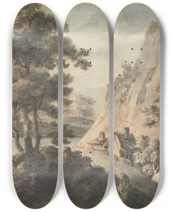 Triptych art skateboard deck of James Adam Landscape With River And Figures by James Adam