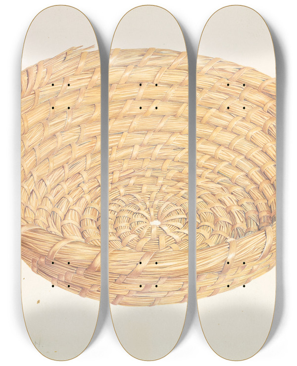 Triptych art skateboard deck of Frank Eiseman Amana Breadraising Basket by Frank Eiseman
