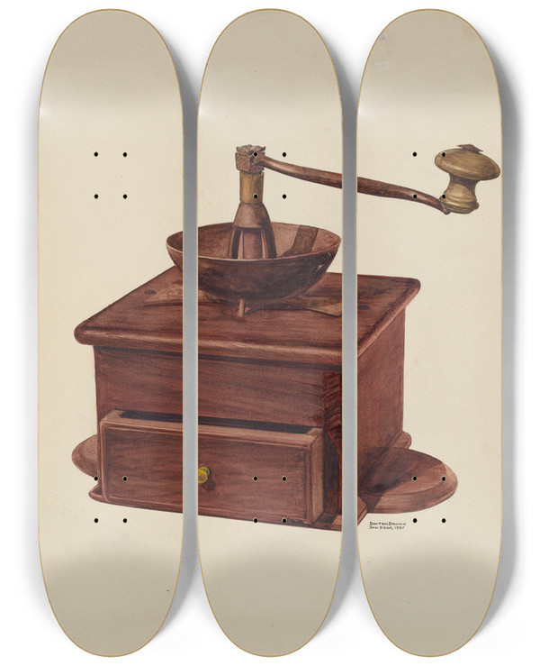 Triptych art skateboard deck of Dayton Brown Coffee Grinder by Dayton Brown