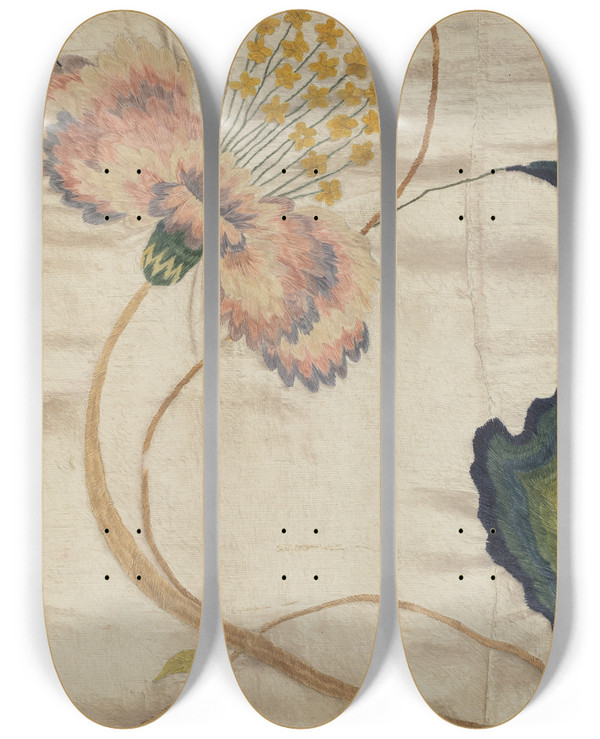 Triptych art skateboard deck of Phyllis Dorr Crewel Embroidery_2 by Phyllis Dorr