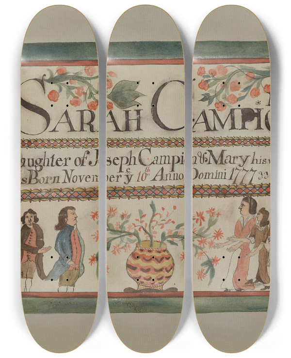 Triptych art skateboard deck of Herbert Barnard Pa German Birth Certificate by Herbert Barnard