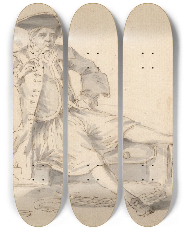 Triptych art skateboard deck of Louis Philippe Boitard Naval Officer Seated Smoking by Louis Philippe Boitard (1734-1760)