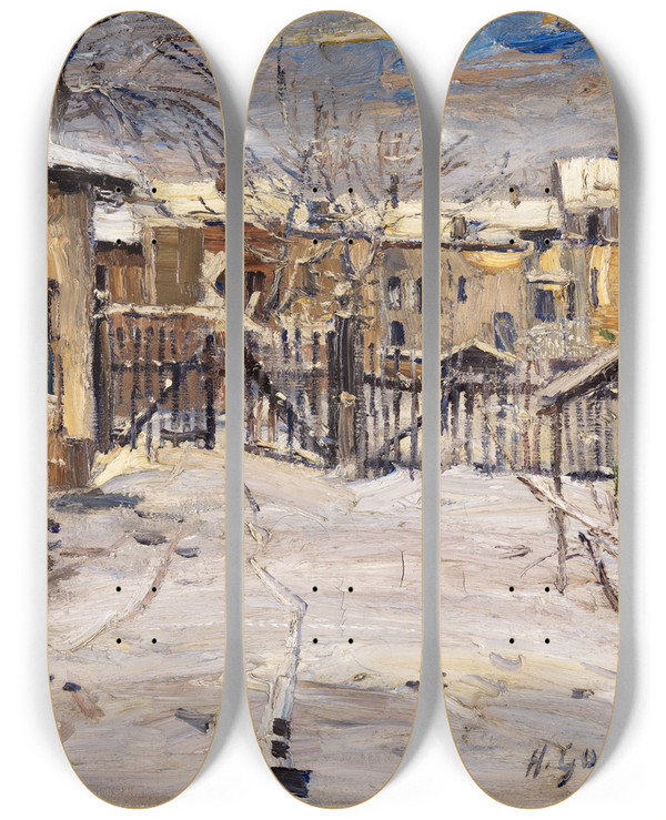 Triptych art skateboard deck of Hermann Goebel Hof Im Schnee by Hermann Goebel