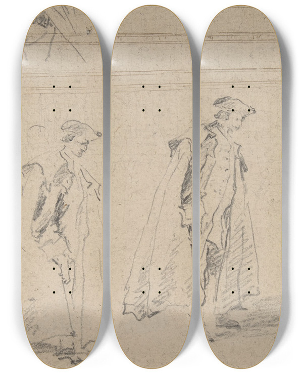 Triptych art skateboard deck of Francesco Guardi Figure Studies_1 by Francesco Guardi (1712-1793)