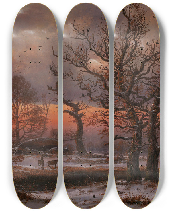 Triptych art skateboard deck of Johan Christian Dahl Danish Winter Landscape With Dolmen by Johan Christian Dahl (1788-1857)