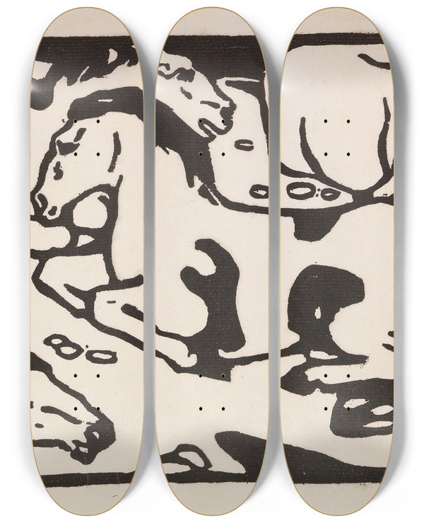 Triptych art skateboard deck of Franz Marc Ruhende Pferde_1 by Franz Marc (1880-1916)