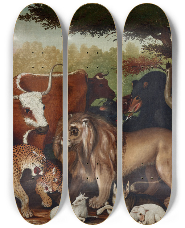 Triptych art skateboard deck of Edward Hicks The Peaceable Kingdom by Edward Hicks (1780-1849)
