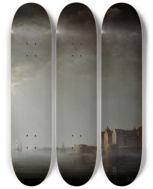 Triptych art skateboard deck of Carl Johan Fahlcrantz  Kalmar Castle By Moonlight by Carl Johan Fahlcrantz (1774-1861)