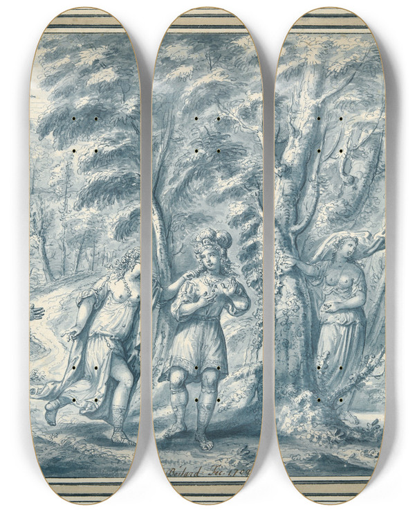 Triptych art skateboard deck of Francois Boitard Blind Mansbuff by Francois Boitard (1670-1715)