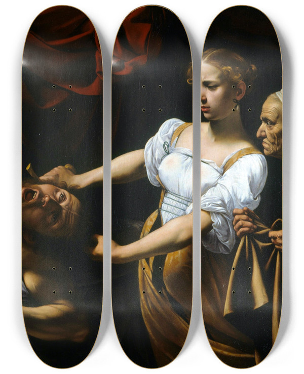 Triptych art skateboard deck of Caravaggio Judith Beheading Holofernes_1 by Caravaggio (1571-1610)