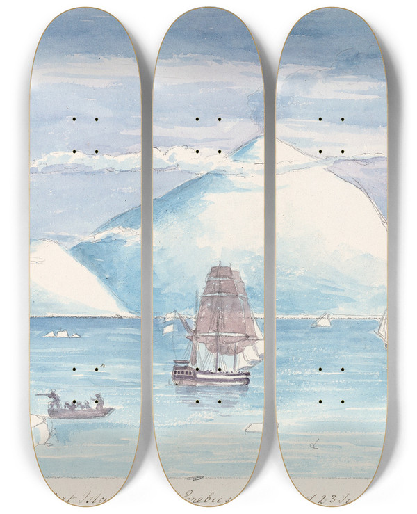 Triptych art skateboard deck of Charles Hamilton Smith Beaufort Island Mount Erebus by Charles Hamilton Smith (1776-1859)