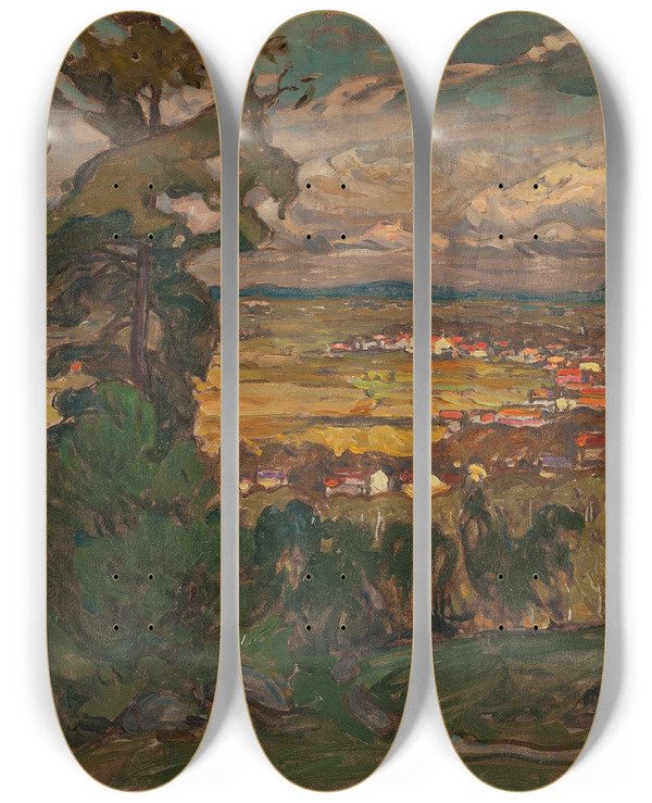 Triptych art skateboard deck of Anna Boberg Landscape With A Village Study From North Norway by Anna Boberg (1864-1935)