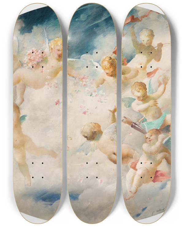 Triptych art skateboard deck of Frantiek Hladk Cupids by Frantisek Hladik (1887-1947)