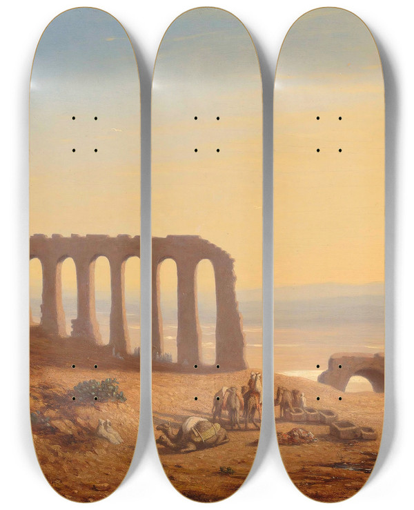 Triptych art skateboard deck of Charles Thodore Frre A Bedouin Encampment Surrounded By Ruins by Charles Theodore Frere (1814-1888)