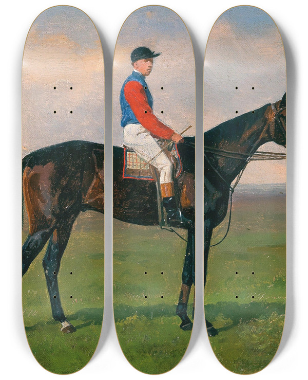 Triptych art skateboard deck of Emil Volkers A Jockey On Horseback by Emil Volkers (1831-1905)