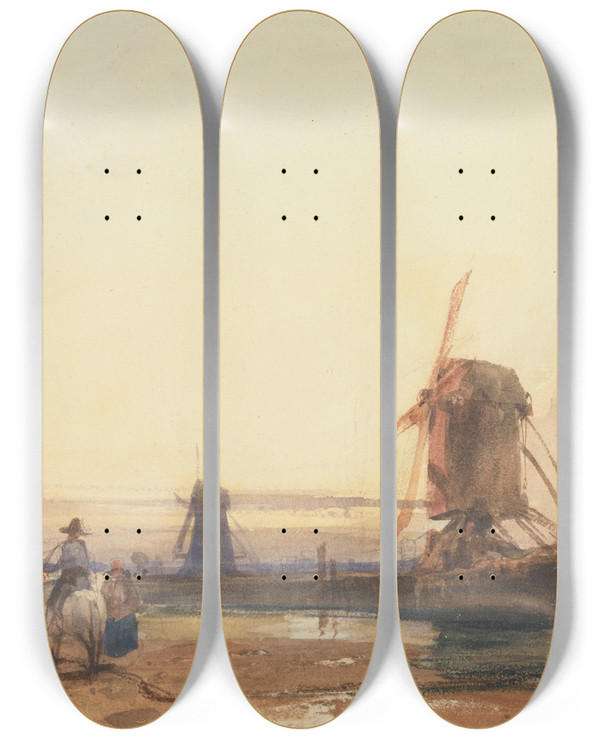 Triptych art skateboard deck of Thomas Shotter Boys Landscape With Windmills by Thomas Shotter Boys (1803-1874)