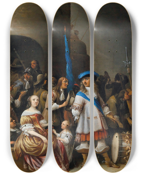 Triptych art skateboard deck of Anthonie Palamedesz A Guardroom Interior_3 by Anthonie Palamedesz (1601-1673)