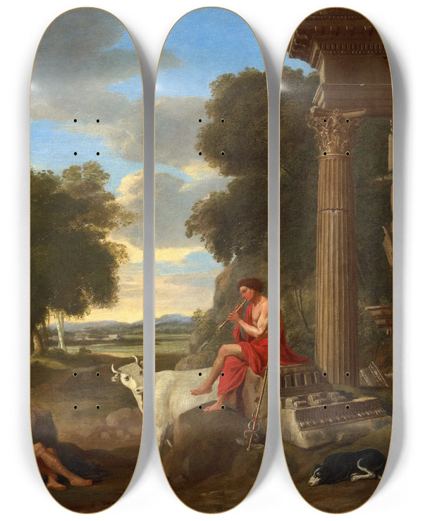 Triptych art skateboard deck of Jean Lemaire Mercury And Argus by Jean Lemaire (1598-1659)